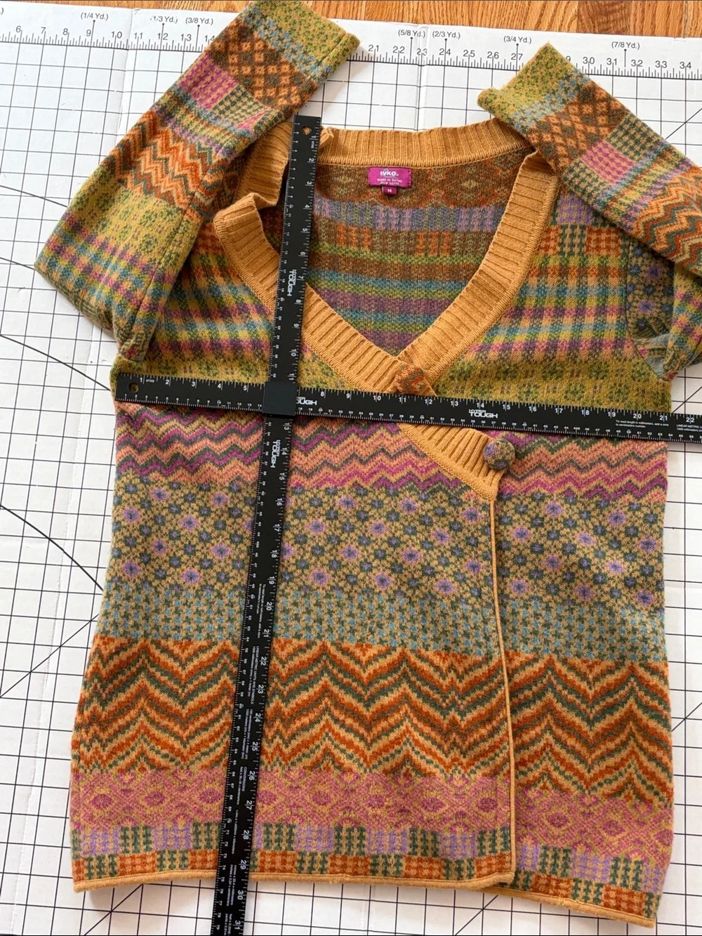 IVKO Extrafine Lambswool Patchwork Cardigan Wrap Sweater Boho MultiColor M Flaws